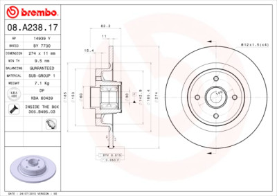 Jeu de disques de frein ROULEMENT DISQUE LIGNE BREMBO 08.A238.17