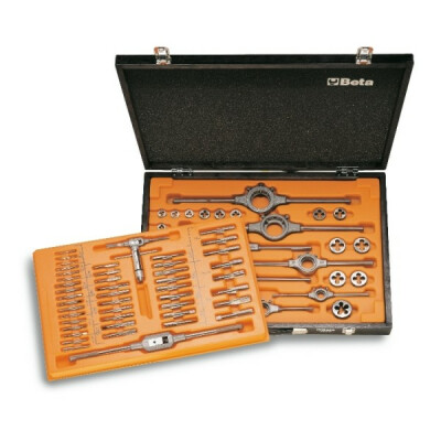 Assortiment de tarauds et filières acier HSS et accessoires filetage métrique en coffret bois