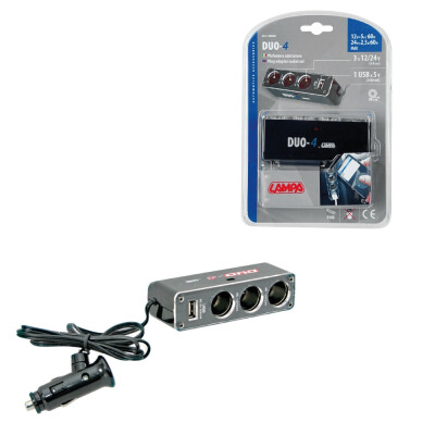 Duo-4 Adaptateur Prise Allume Cigare 3 Prises 1 Usb 12/24V